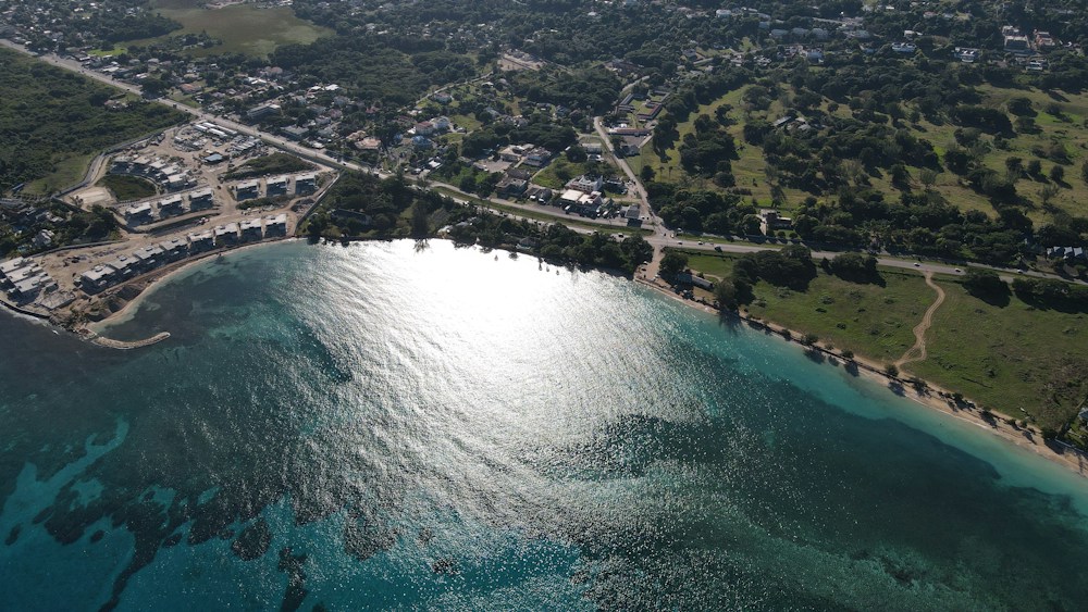 An aerial view of the turquoise coast of Runaway Bay, Jamaica